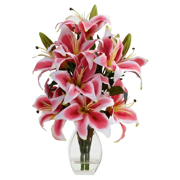 Nearly Natural Rubrum Lily Artificial Flower Arrangement with Decorative Vase, Pink