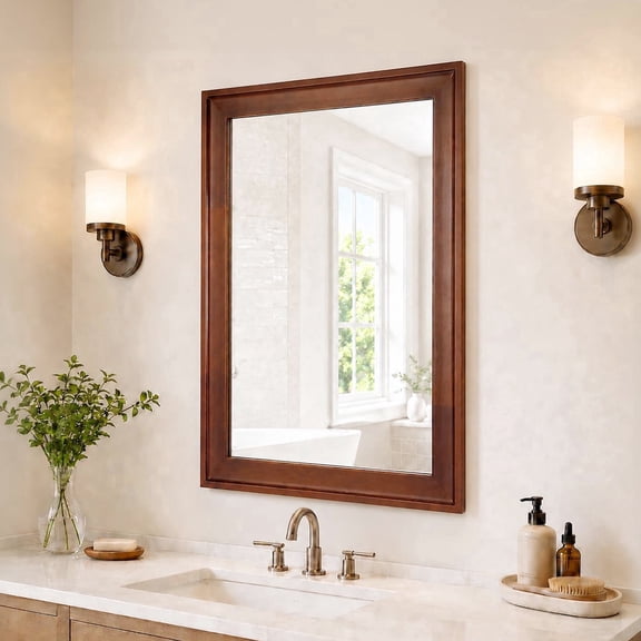 SaliWa 36 x 24 Inch Farmhouse Bathroom Mirror, Solid Wood Framed Wall Mirror, Natural Wood Finish