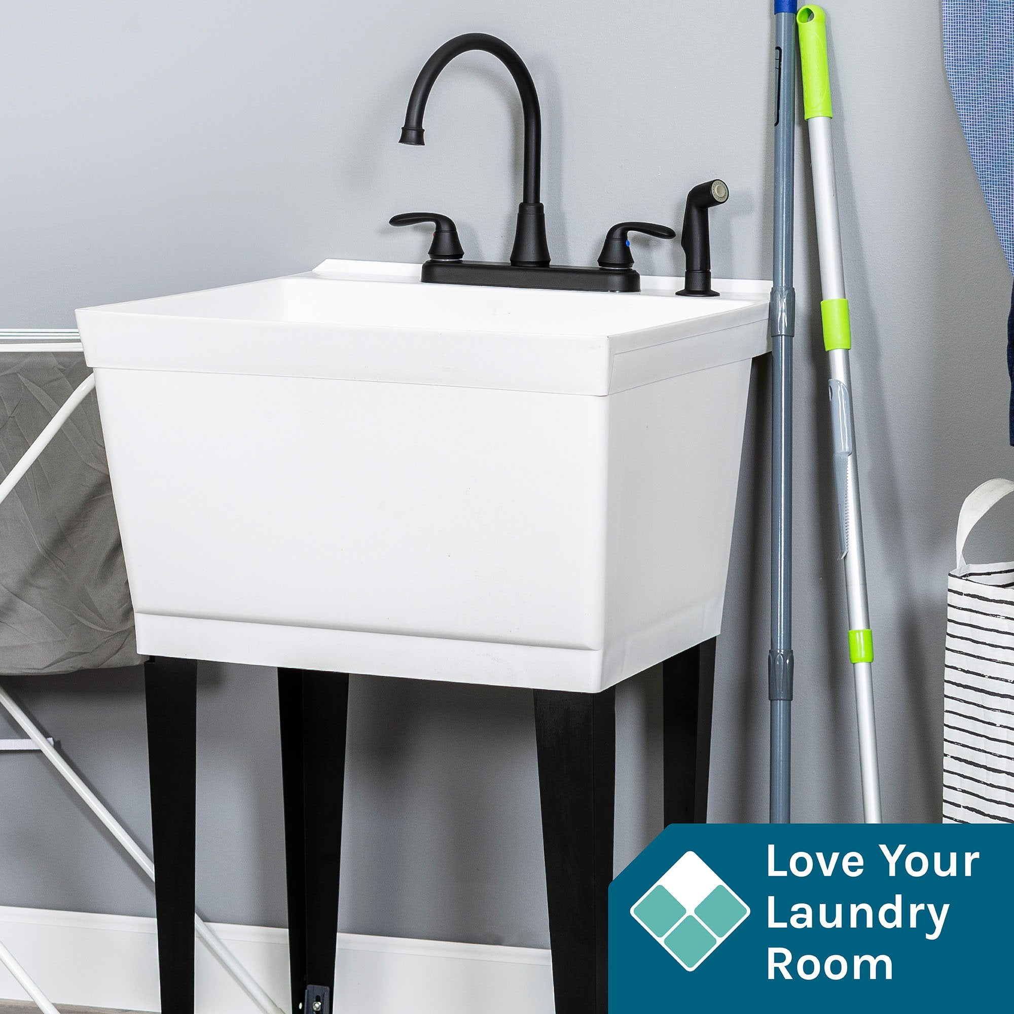 TEHILA White Freestanding Floor Mount Utility Sink Black Faucet for Laundry Room, Basement, Garage
