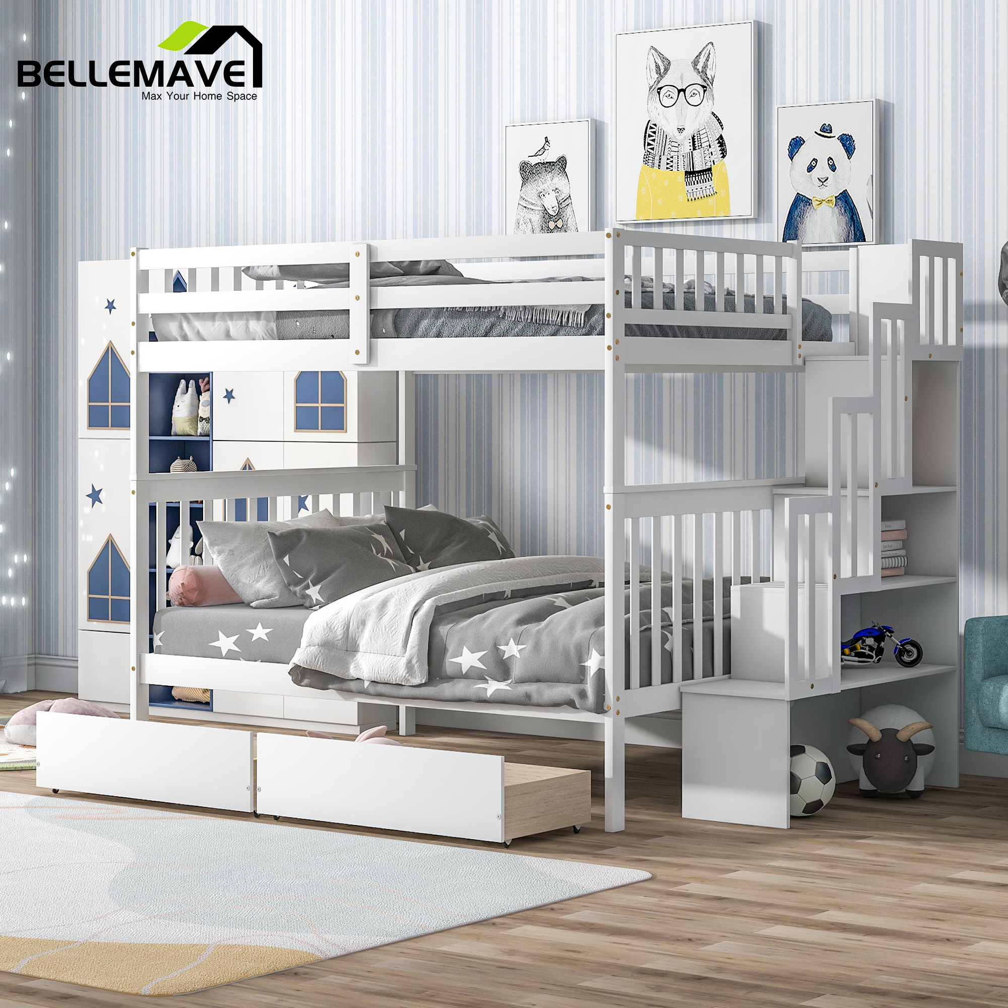 Bellemave Full Over Full White Wood Bunk Bed with Drawers and Shelves