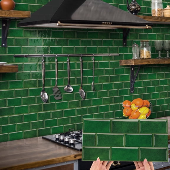 12 Piece Tile Stickers 6"x12" Green Marble Brick Decals Vinyl Peel and Stick Kitchen Bathroom Waterproof Tiles Decor