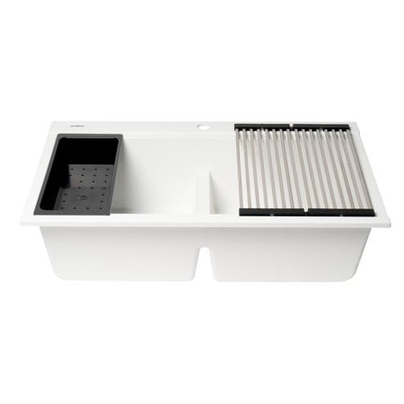 Alfi Brand Ab3418Dbdi-W White 33"" Granite Composite Workstation Step Rim Double Bowl Drop In Sink With Accessories