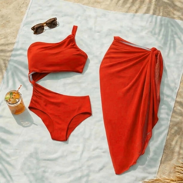 Traje de Baño 2 Piezas Con Abertura con Falda Pareo Mujer naranja Extra Grande