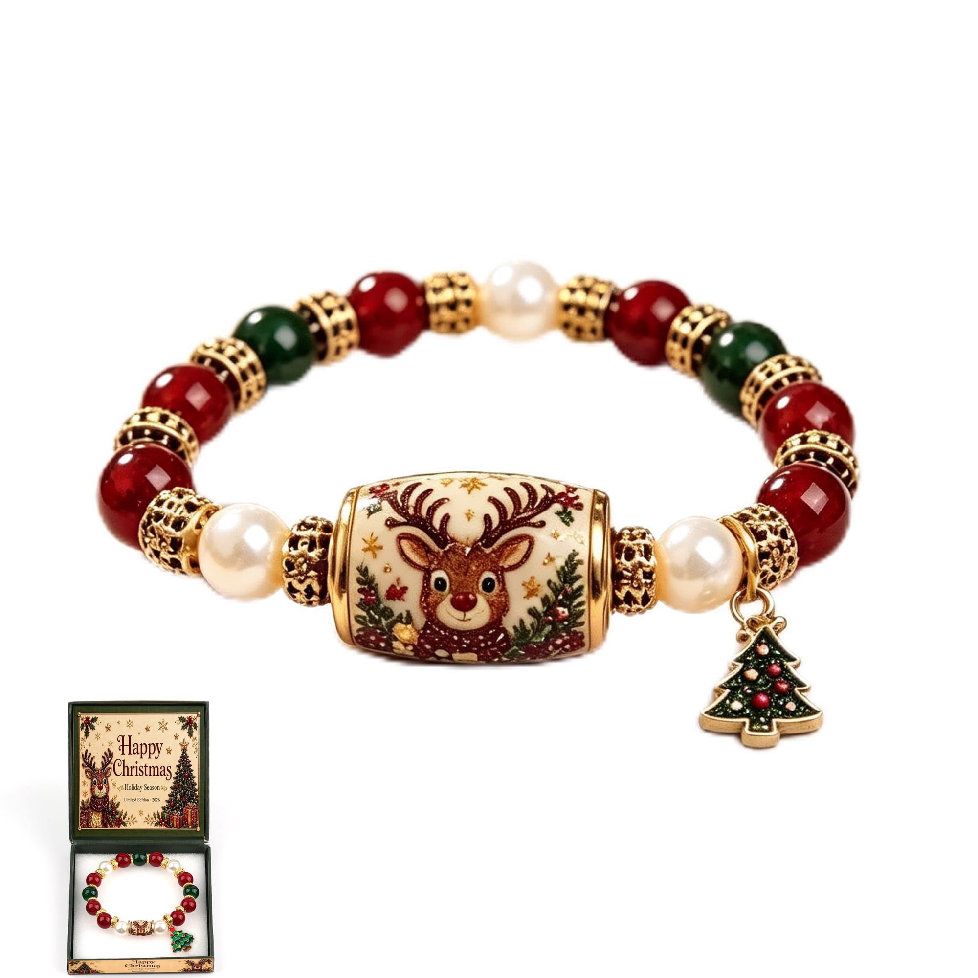 Christmas Magic Collection Bracelet- Elastic Beaded Holiday Jewelry with Free Greeting Card and Christmas Pendant -Seasonal Gift for Women, Teens, and Fall Parties