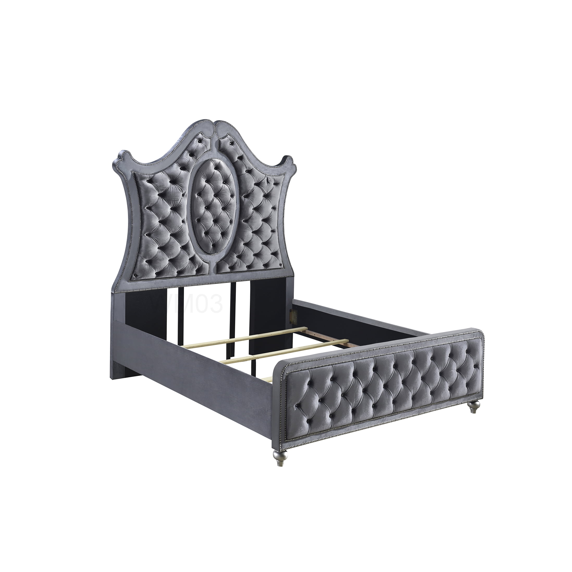 Modern Upholstered Queen Bed Frame, Gray Fabric Platform Bed with Diamond Tufted Headboard and Nailhead Accents