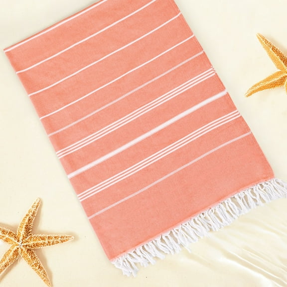 2 Pack Oversized Cotton Beach Towel, Coral Striped Quick-Drying Highly Absorbent Beach Towel with Tassels for Beach, Pool, Vacation,Pink