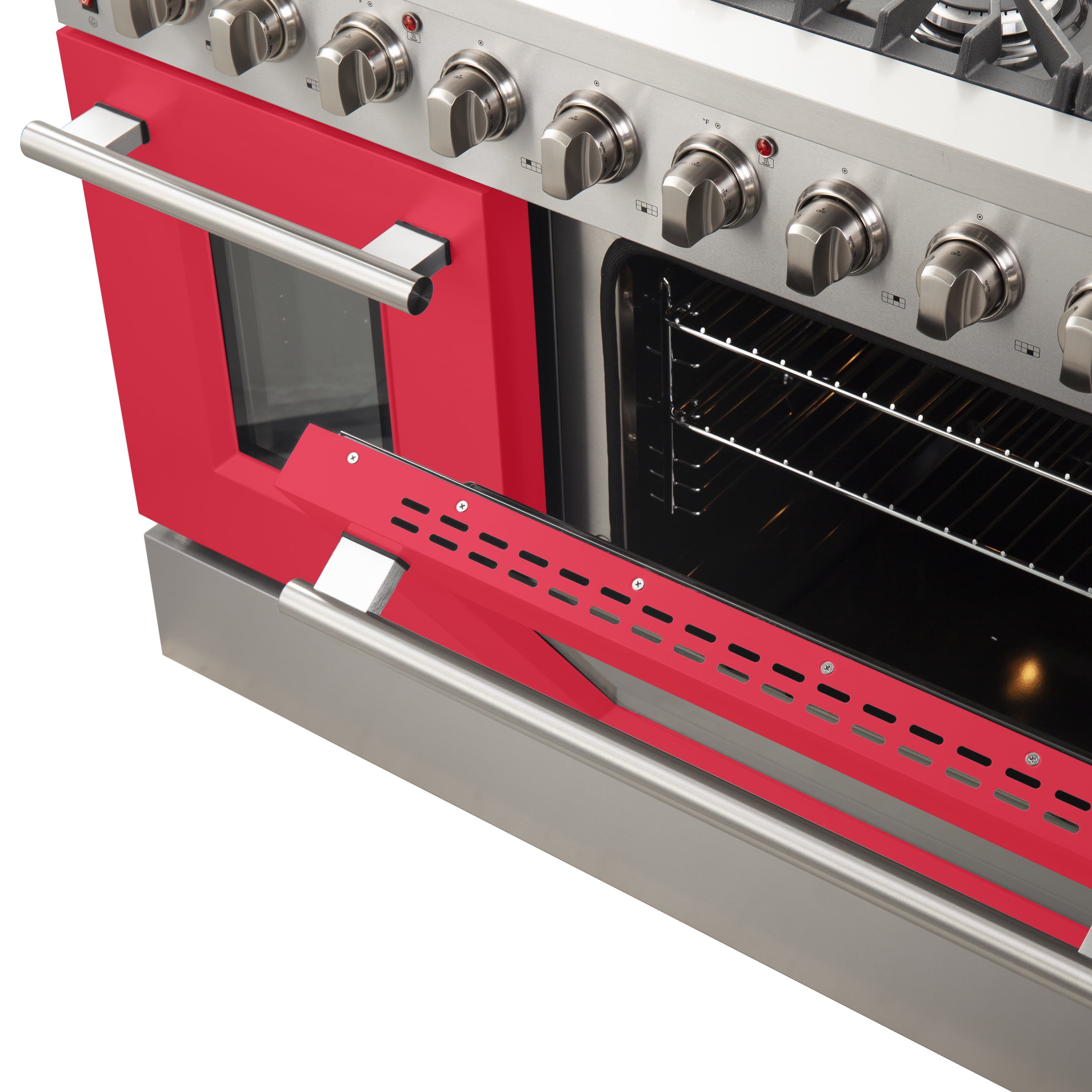 Forno Galiano 48-Inch Freestanding Gas Range, Stainless Steel, 8 Burners, 107,000 BTU, Griddle, Double Ovens, Energy Efficient, Red Doors
