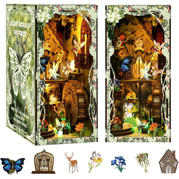 Book Nook Kit for Adults - Magic Forest Wooden Model with LED Lights | SECRETWORLD Rotating Gears, 9"x7" Acrylic Display, STEM Puzzle Craft for Teens 14 
