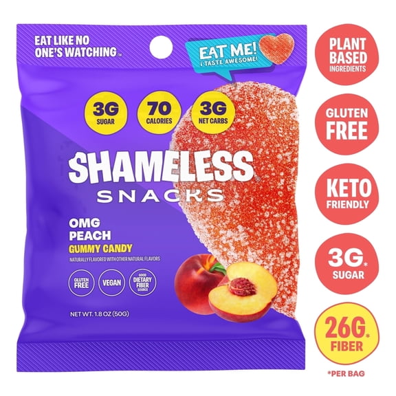 Shameless Snacks OMG Peach Sour Gummy Candy, Low Calorie Keto Friendly High Fiber Low Sugar Healthy Candy, Gluten Free, 1.8 oz Bag