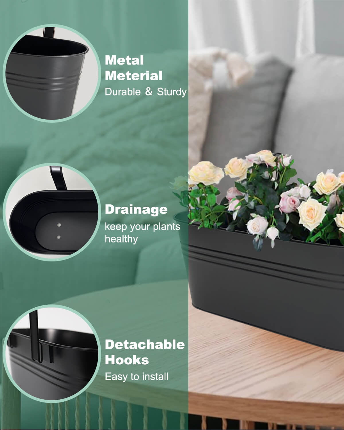 Metal Railing Planter for Outdoor Plants - 3 Pack 16 Inch Balcony Hanging Planter Box with Detachable Hooks and Drain Holes Oval Hanging Pots Fence Planters for Railing Garden Fence, Black