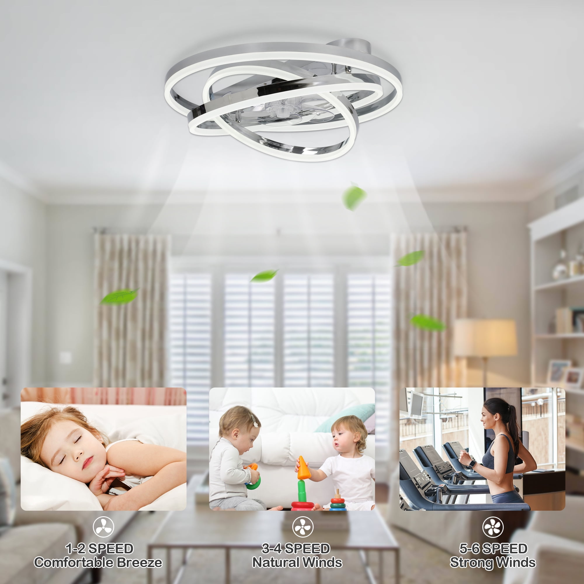 24Inch Silver Indoor Reversible Ceiling Fan with Dimmable LED Light, 6-Speed DIY Shade with Remote and APP Control
