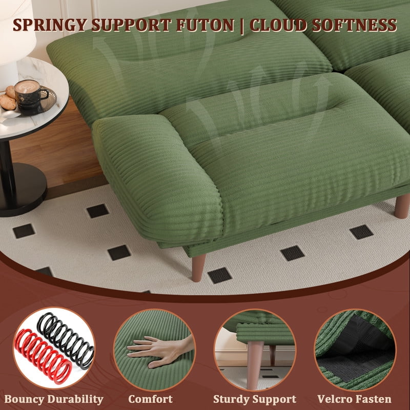 Lacoo 65"W Convertible Futon Sofa Bed with Five-level Adjustable Armrests,Corduroy Green