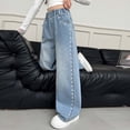 thumbnail image 5 of OSOLU Girls Jeans Casual Straight Leg Long with Side Love Heart Embroidery Denim Pants Relaxed Holiday Trousers, 5 of 9