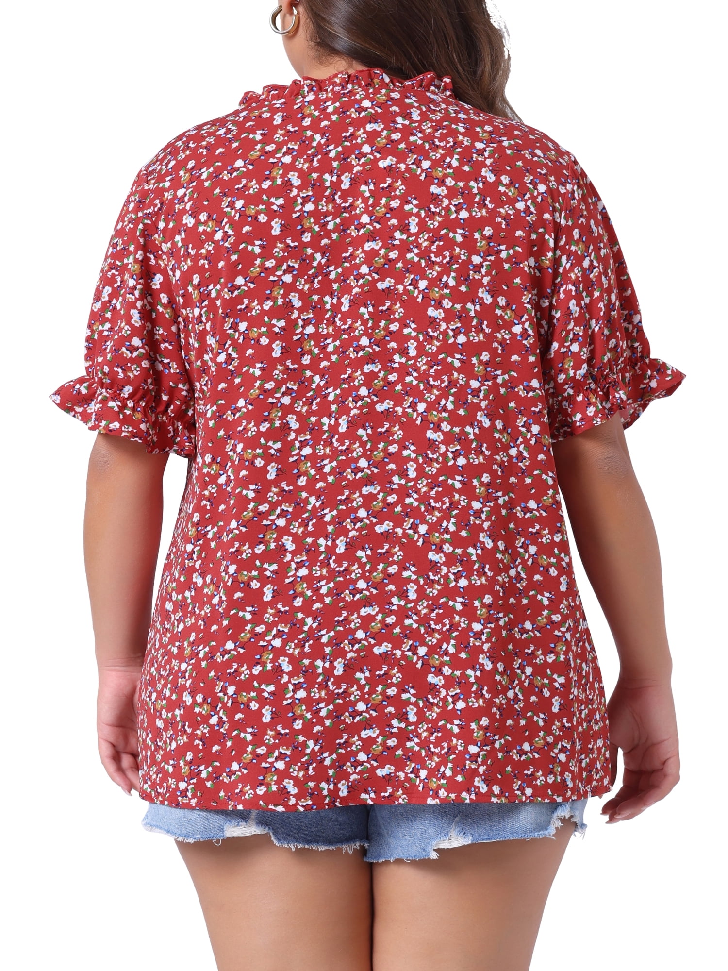 DARING DIVA Women's Plus Summer Tops Floral V Neck Ruffle Puff  Casual Blouse Top L Red