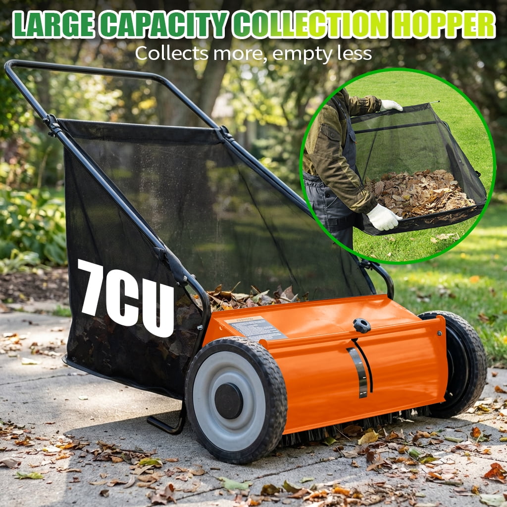 26" Push Lawn Sweeper, 7 cu.ft Large Capacity Yard Sweeper Push, Leaf Collector with Detachable Hopper, Rubber Wheels, Ergonomic Handle for Lawns, Yards & Gardens,Adjustable Height,Orange
