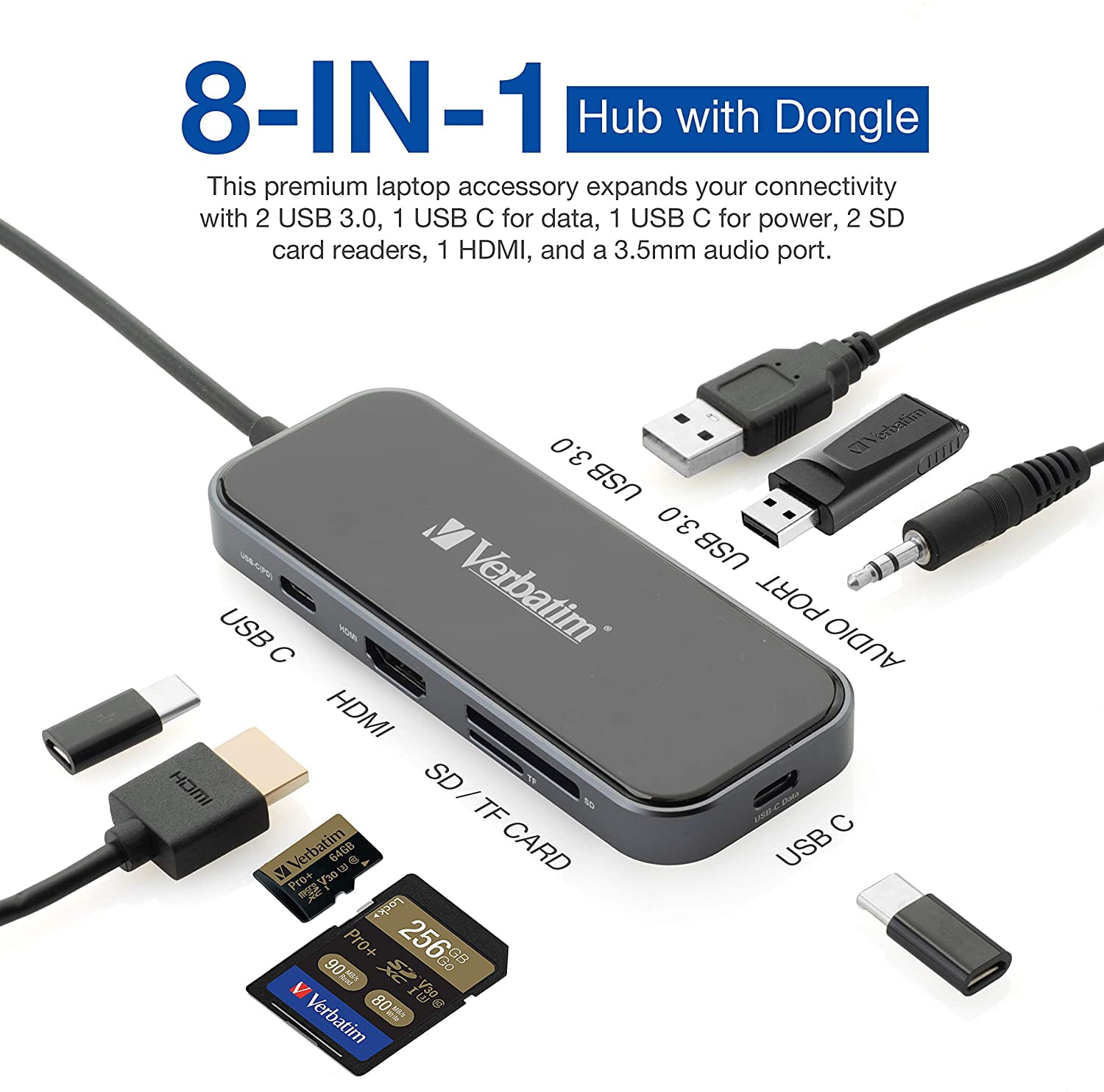 Verbatim 8-in-1 USB C Hub Adapter with 4K HDMI, 100W Power Delivery, 2 USB  3.0 Ports, 1 USB C, SD Card Readers, 3.5mm Audio Port for USB C Laptops 