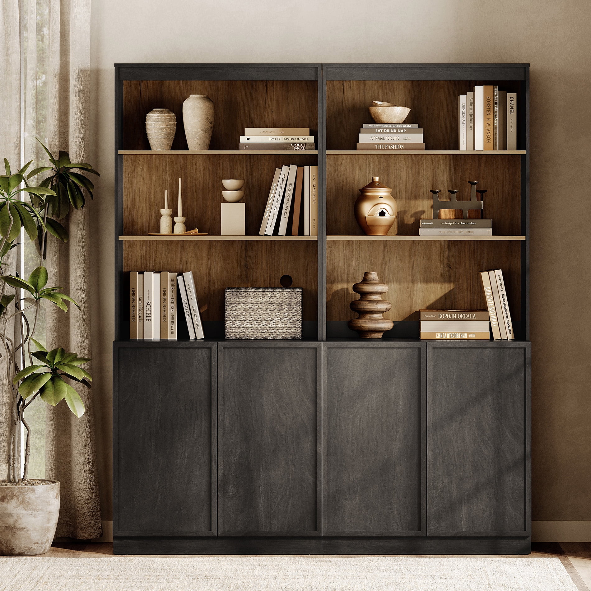 Modern 72" Tall Bookshelf with Storage Cabinet and Open Book Shelves, Wood Book shelf for Home Office, Living room,Black