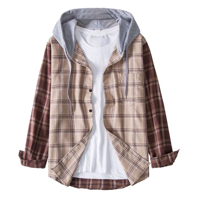 Camisas De Mezclilla Para Hombre Camisa informal con estampado a cuadros de otoño e invierno para hombre, blusa con cuello encapuchado de manga larga (Khaki, L)