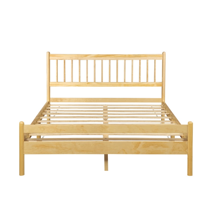 Queen Size Traditional Style Low Profile Platform Bed with Headboard and Footboard, Wood Bed Frame with Rounded Bedpost