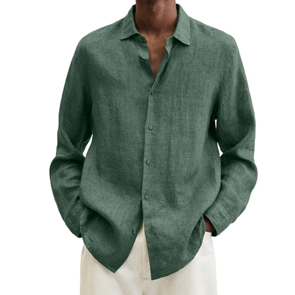 Qwertyu Cotton Linen Shirts for Men Long Sleeve Button Down Shirts Summer Beach Shirts Loose Fit Casual Shirts Vacation Tops Dark Green XL