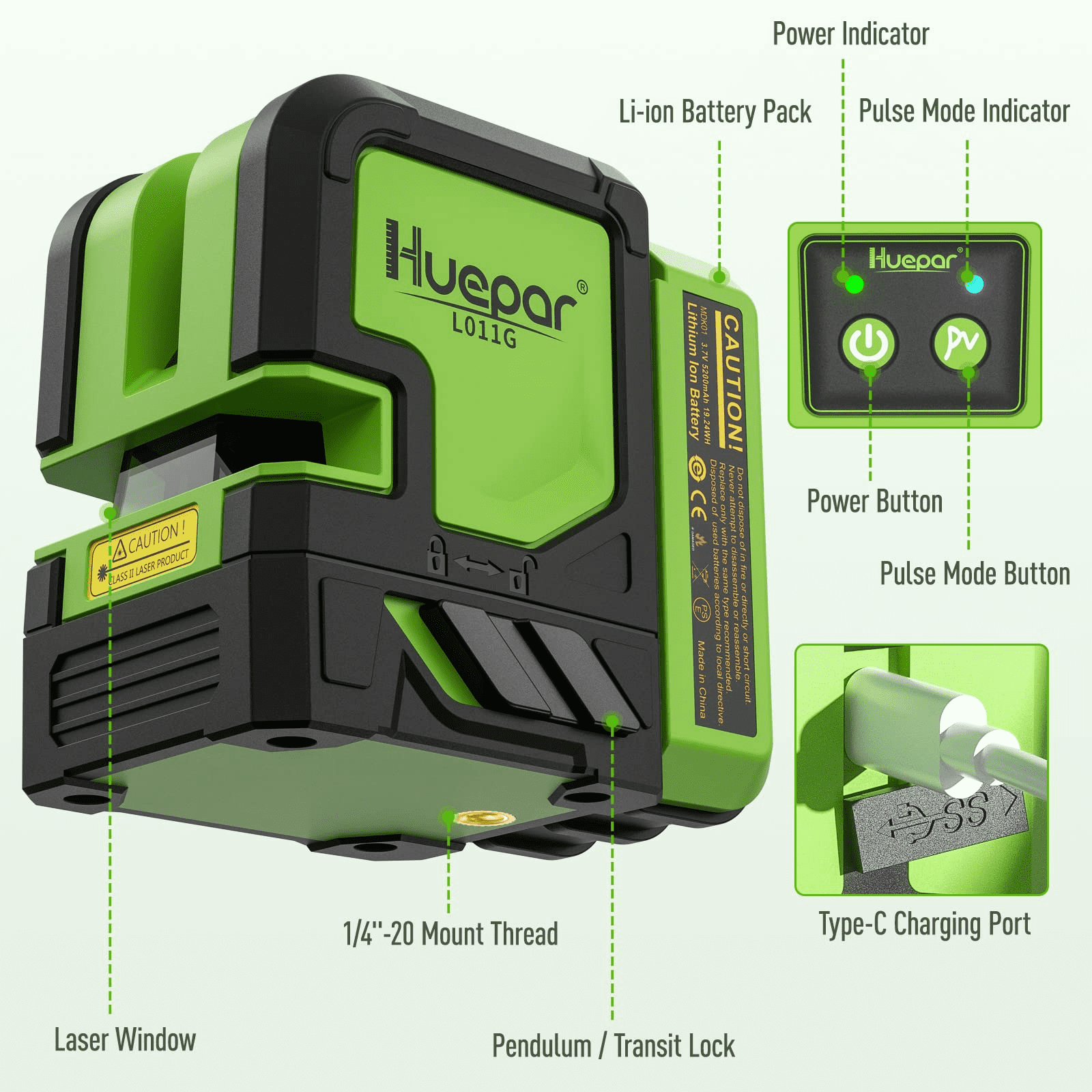 Huepar Green Beam Cross Line Laser Level Outdoor Self Leveling Laser Level Tools with 5200mAh Li-ion Battery