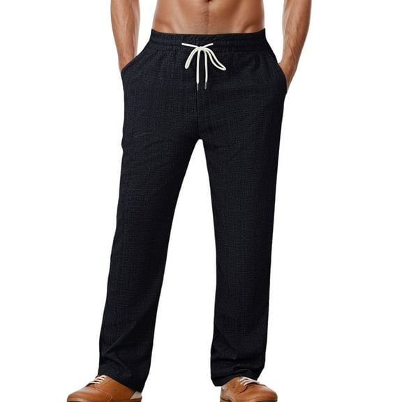 JTieacloth Mens Long Pants Men's Breathable Imitation Linen Small Checkered Beach Trousers Loose Casual Straight Trousers Black