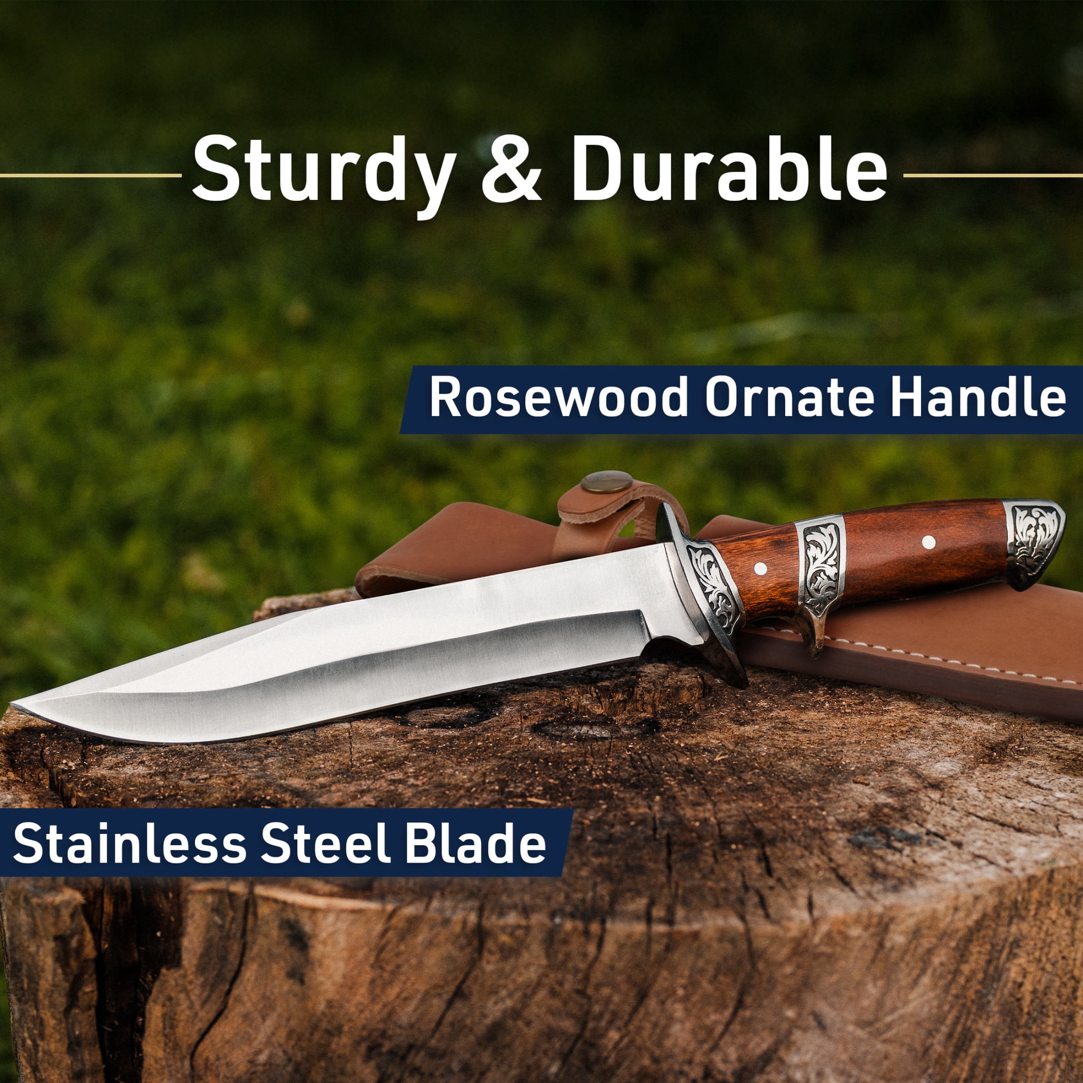 Kings County Tools Outdoor Hunting Knife with Sheath Stainless Steel Fixed Blade and Rosewood Handle