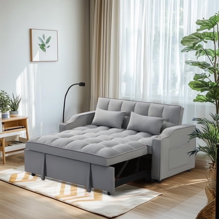 ASINMAK Convertible Sofa Bed, Minimalist Solid Print Velvet Futon Couch with Pull-Out Bed, USB and Toss Pillows, Light Gray