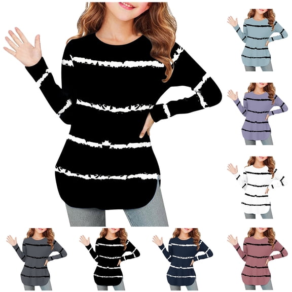 Bovxnpu Girls Long Sleeve T Shirts Kids Spring Fall Tops School Tee Long Sleeve Printing Shirts Kids Hem Side Slit Soft Tunic T-Shirts 3-12 Years