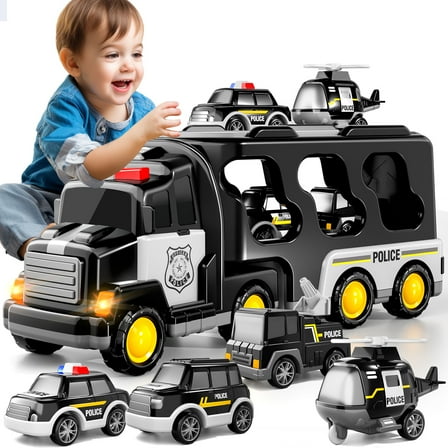 Police Truck Toys for Toddler 3 4 5 6 Years Old Boys - 5-in-1 Friction Powered Toy Vehicle, Police Car Toy for Toddlers 1-3, Carrier Truck Toys for Kids 3-5, for Girls Age 3-9