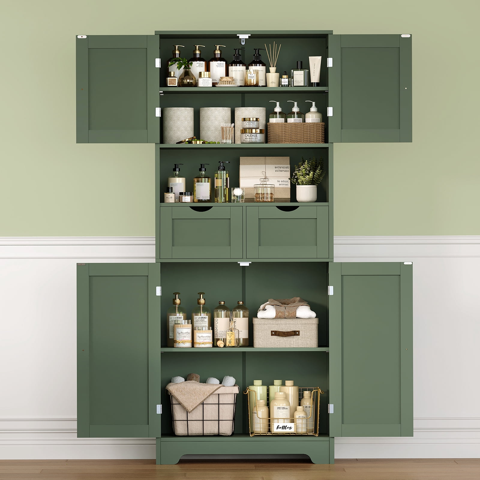 57.8" H Tall Bathroom Storage Cabinet with 2 Drawers & 2 Adjustable Shelves, Floor Cabinet with 4 Doors, Tall Cabinet for Living Room, Dining Room, Entryway, Forest Green