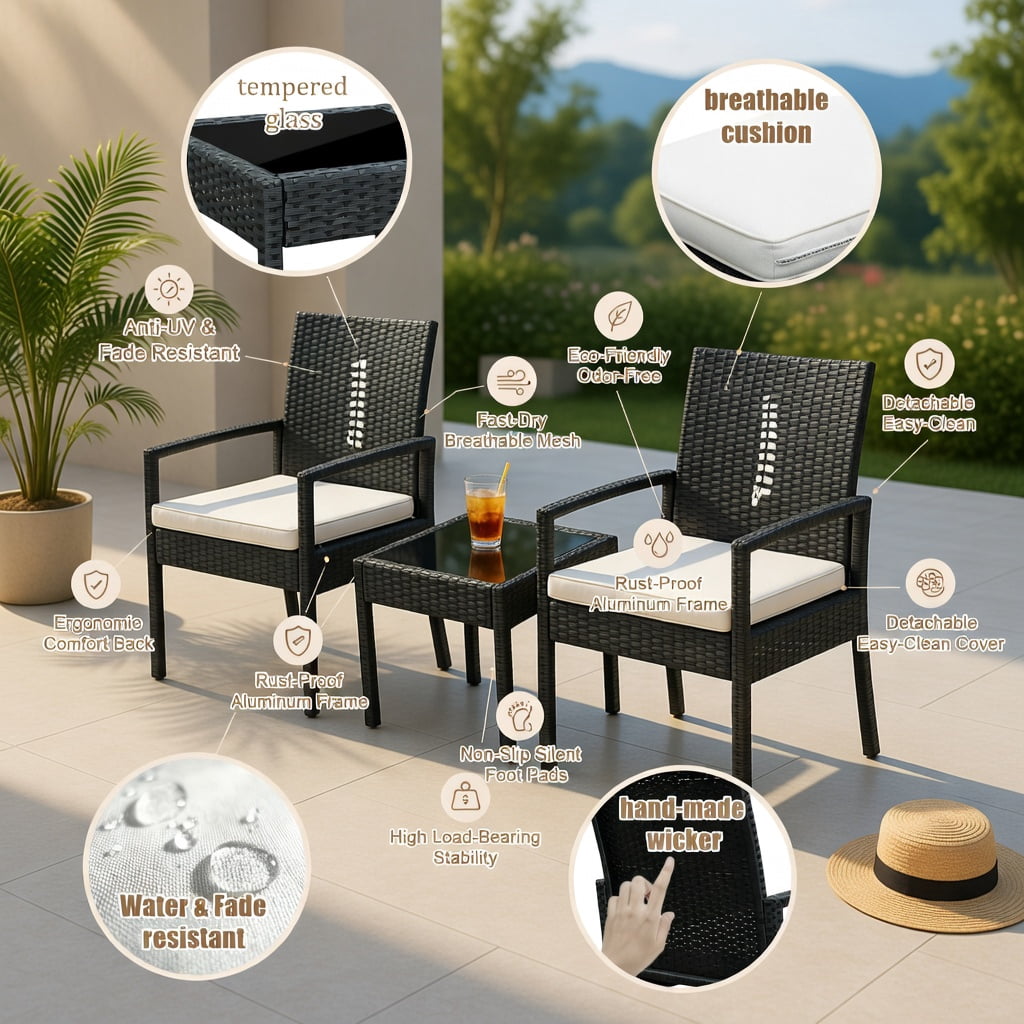 Hommoo 3-Piece Outdoor Rattan Patio Furniture Set, 2 Armchairs + Coffee Table with Cushions, Steel Frame, Weather-Resistant Wicker for Small Backyard, Garden & Balcony, Black