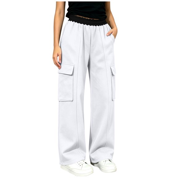 ZBSOKO Cargo Pants for Girls Wide Leg Elastic Waist Straight Leg Loose Fit Pant with Multi Pockets Outdoor Open Bottom Casual Trousers