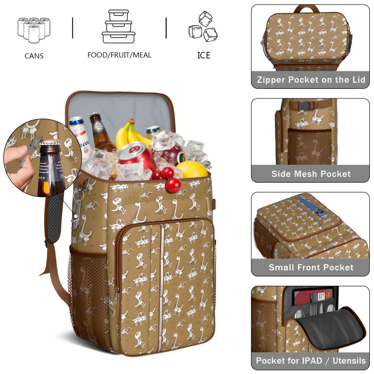 Travel Cooler Bag - Brown Cartoon Dinosaurs Fossils Pattern Camping Beer Cooler Backpack with Bottle Opener- Waterproof Insulated Picnic Backpacks - Cooler Bag for Beach