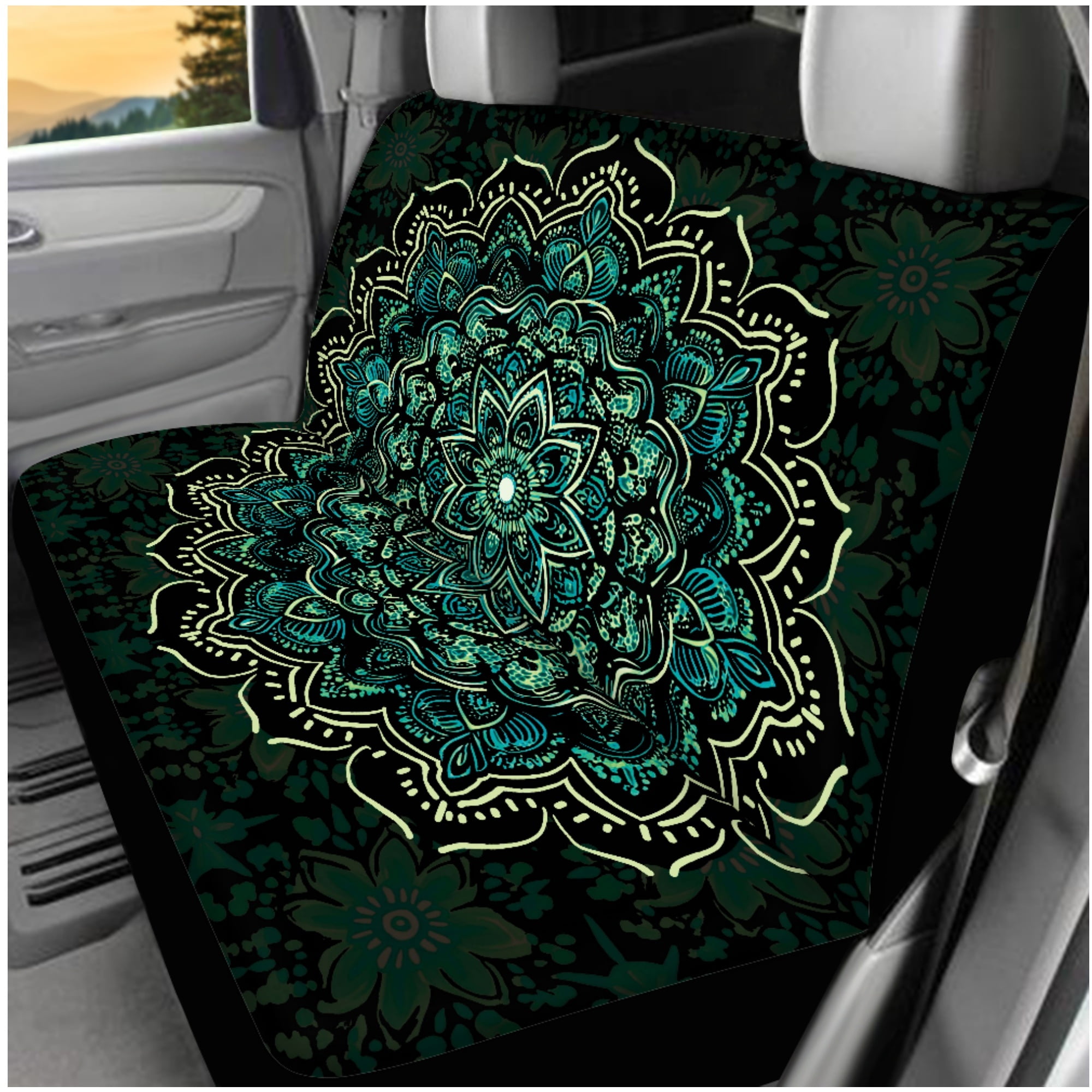 Jeiento Boho Mandala Flower Car Seat Covers Full Set Steering Wheel Cover Safe Belt Pads Coasters Center Console Cover Head Rest Covers Green Set of 14 Interior Automobile Accessories
