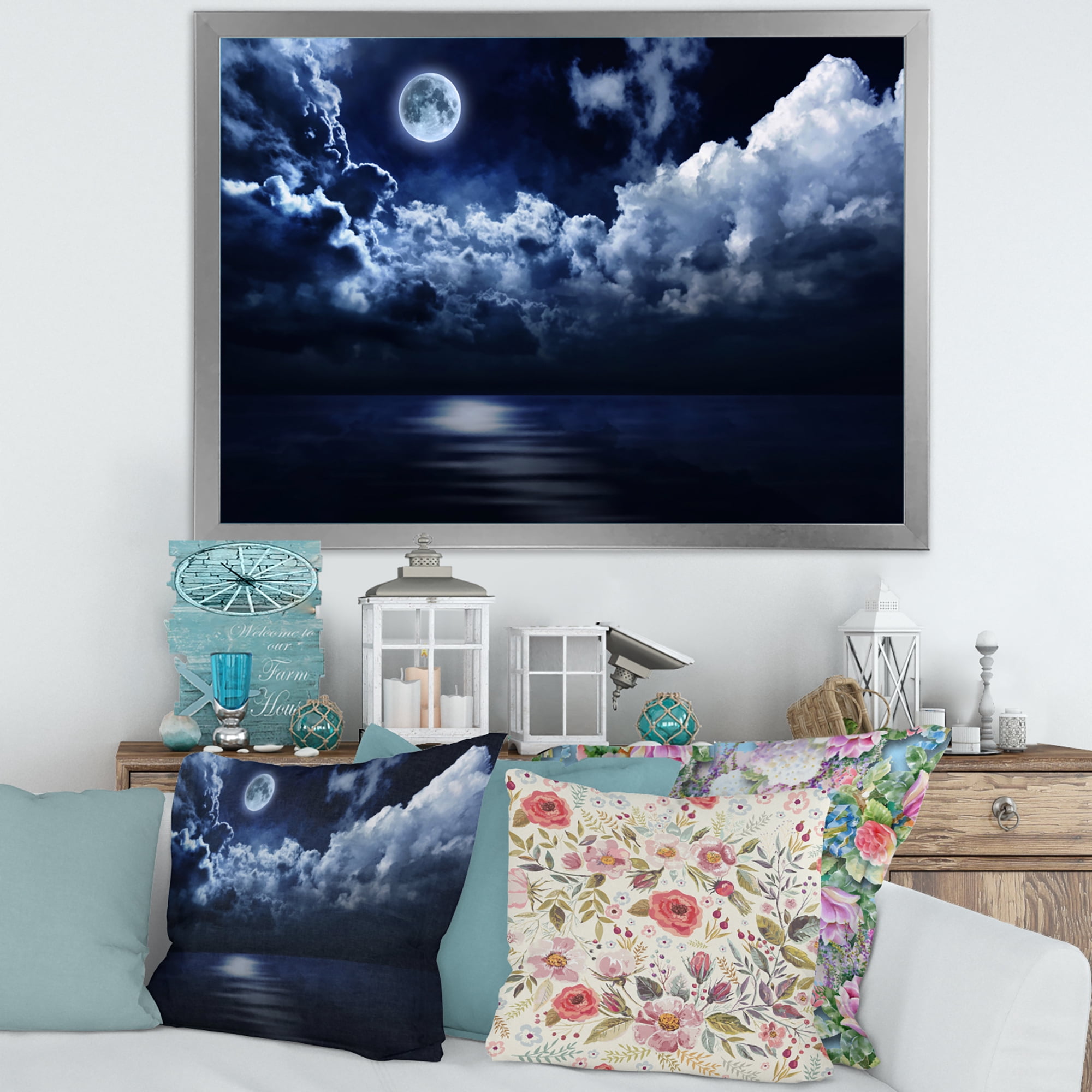 Designart 'Full Moon Night in Cloudy Sky' Modern Framed Art Print