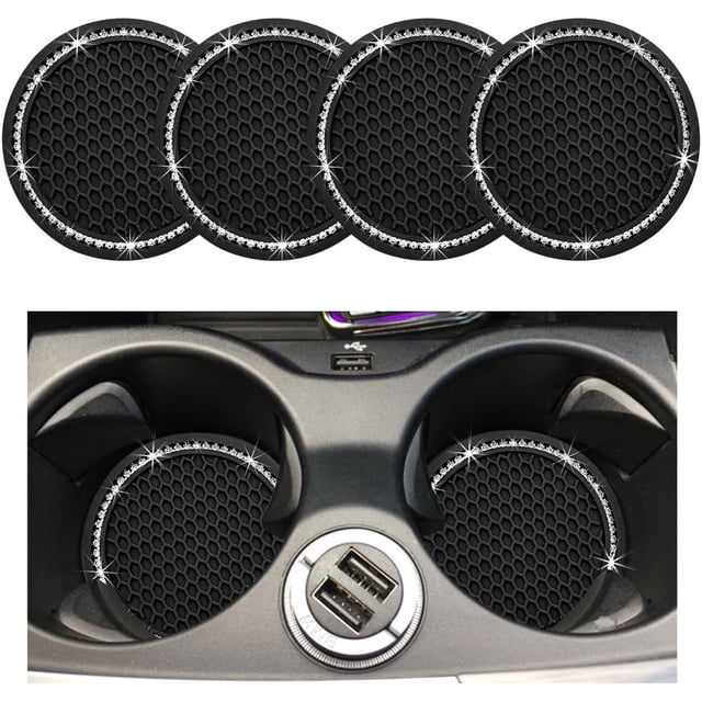 Yazoeia 4 PCS Bling Car Cup Coaster, 2.75 Inch Anti-Slip Anti-Scratch Cup Holder Insert Coaster, Sparkling Crystal Rhinestone Auto Cup Mat, Universal Interior Car Accessories (Black) CJC912-115017
