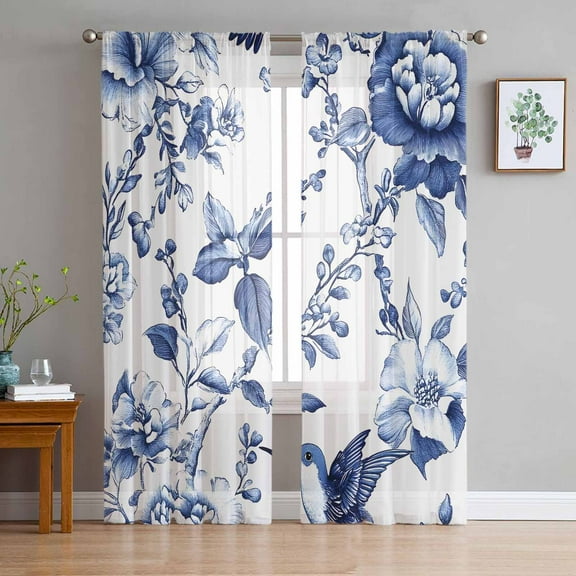 White Blue Spring Floral Sheer Curtains 63 Inches Length 2 Panels Set, Window Sheer Curtains for Living Room/Bedroom, Summer Botanical Hummingbird Light Filtering Rod Pocket Curtain 52'' x 63'' x 2