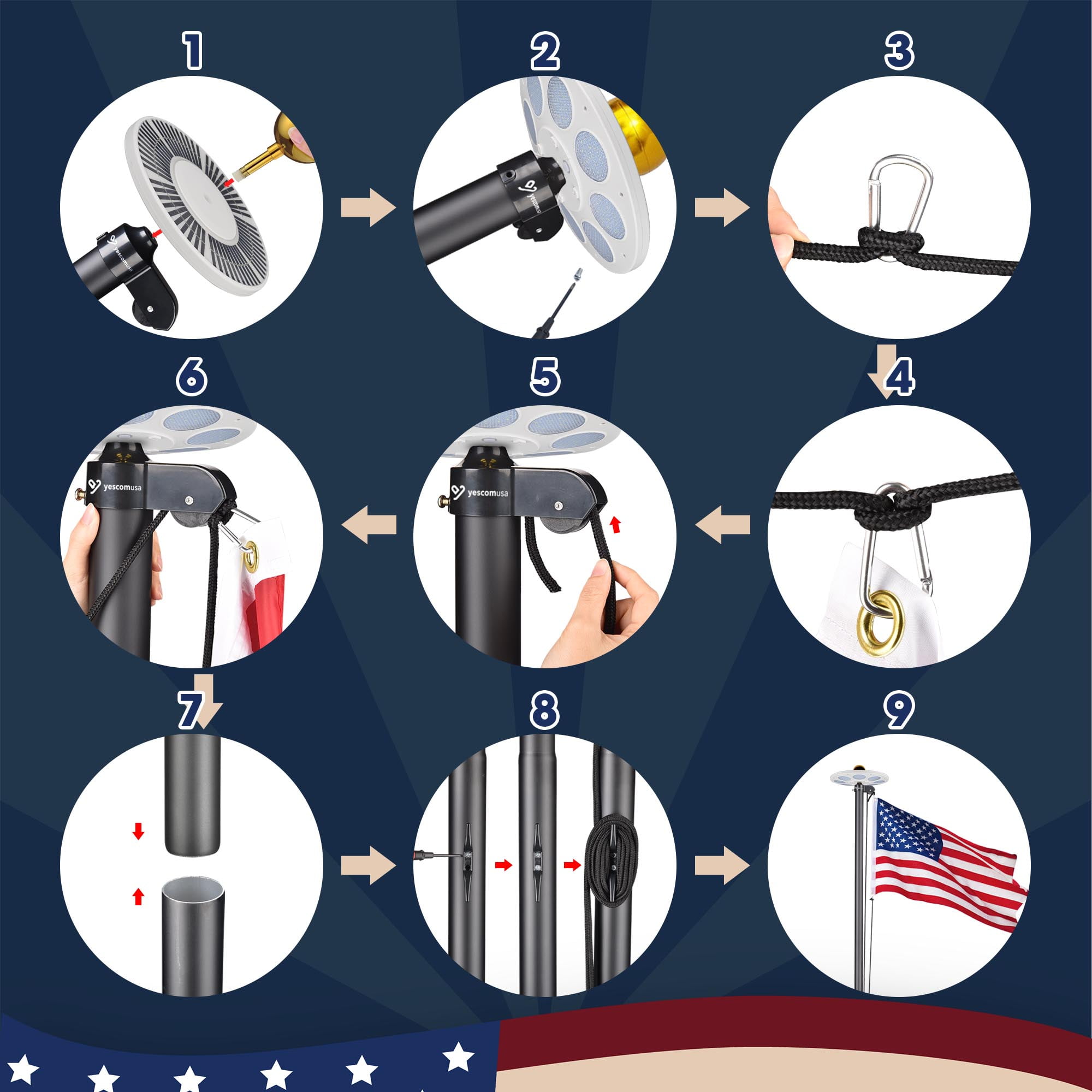Yescom Bravery 20ft LED Solar Light Sectional Flag Pole Kit Aluminum Outside Inground with 3'x5' USA Flag Ball Top Black
