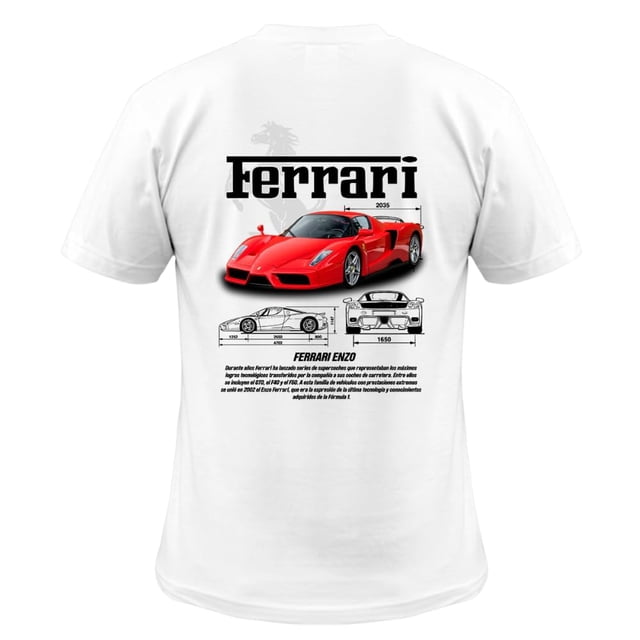Playera Auto Ferr-arii Enzo Automóvil Deportivo Historia - impresión Frente - Cuello Redondo - Hombre o Mujer con impresión DTG Full Color - 80 ciclos de lavado (L, Blanco/Hombre)