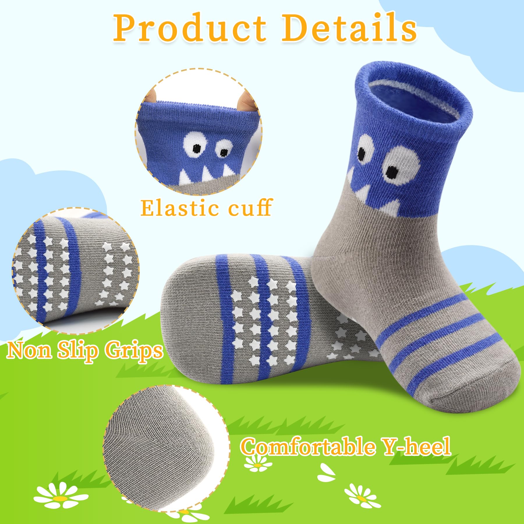 ELUTONG Non-Slip Toddler Crew Socks, 12 Pairs with Grip photo 2