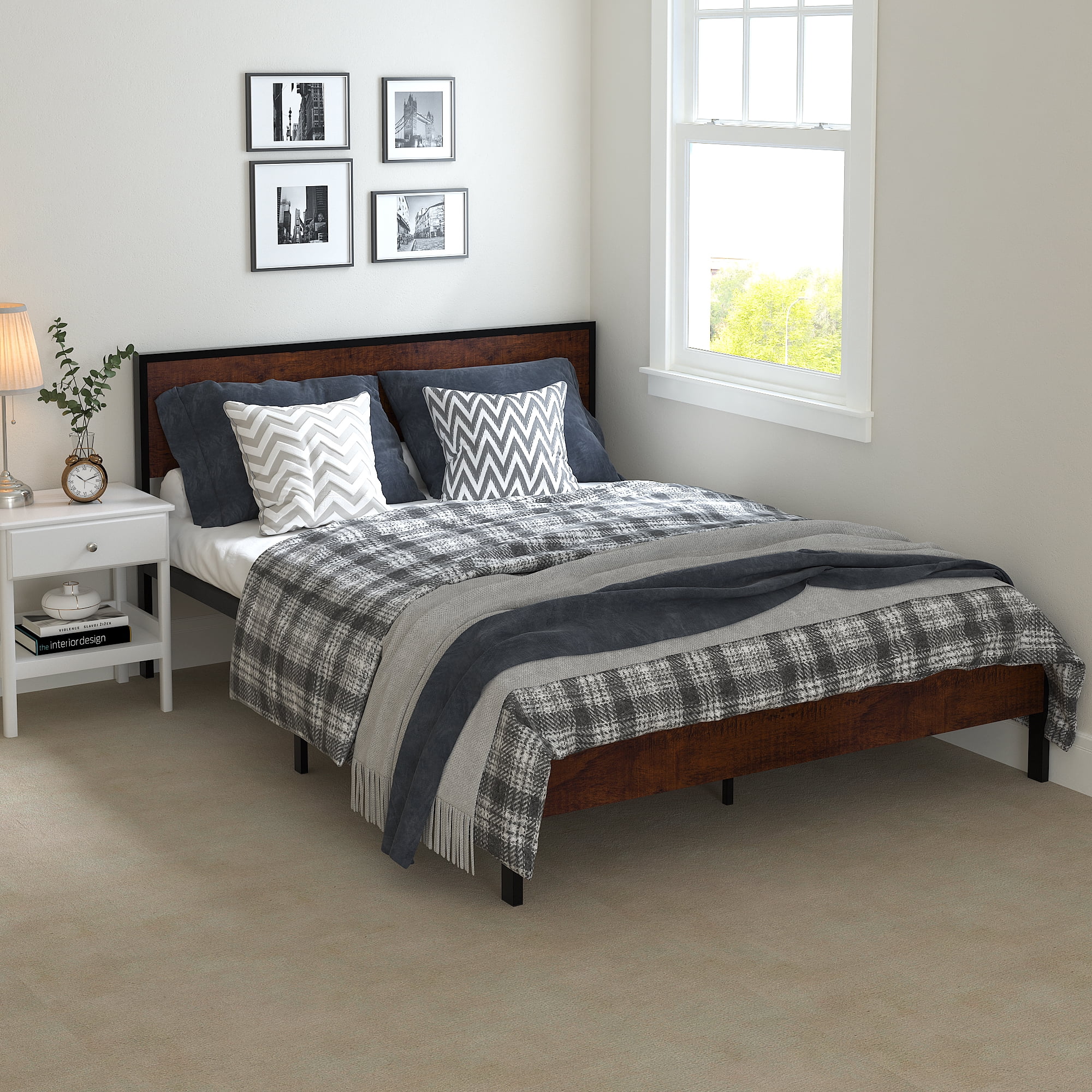 Yoneston Full Metal Bed Frame with Wood Headboard Strong Slat Support