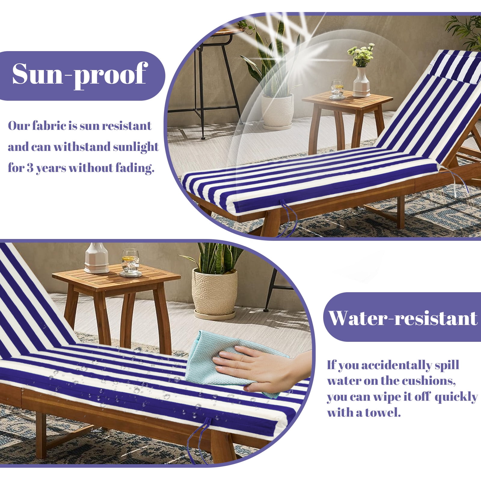 SDJPOI Outdoor Chaise Lounge Cushions, 72" x 21" x 3" Thick Patio Furniture Replacement Cushions, Waterproof Lounge Chair Cushion with Headrest & Ties for Pool Beach