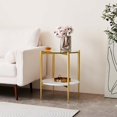 thumbnail image 4 of Rectangle Coffee Table Mid-Century Modern Design L W x H for Living Room - Structure Amber Glass Top and Walnut MDF Shelf Sleek Conical Metal Legs with Gold Finish, 4 of 8