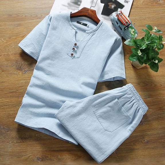 Tejiojio Clearance T-Shirt Summer Clearance Mens Cotton Linen Set Solid Color Short-Sleeved T-Shirt Large Size Casual Set
