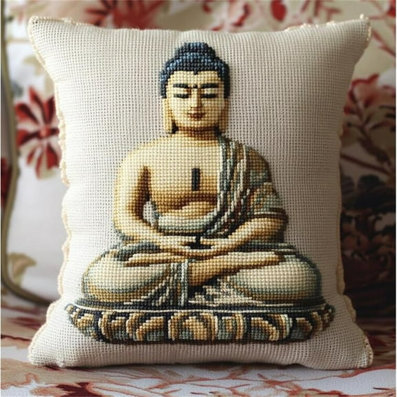 Stamped Cross-Stitch Kit Printed Canvas,Buddha Statues,Cross Stitch Cushion Kits Needlework Kit for Adult Beginners 11ct Decoration Embroidery Pillow Case 17x17in
