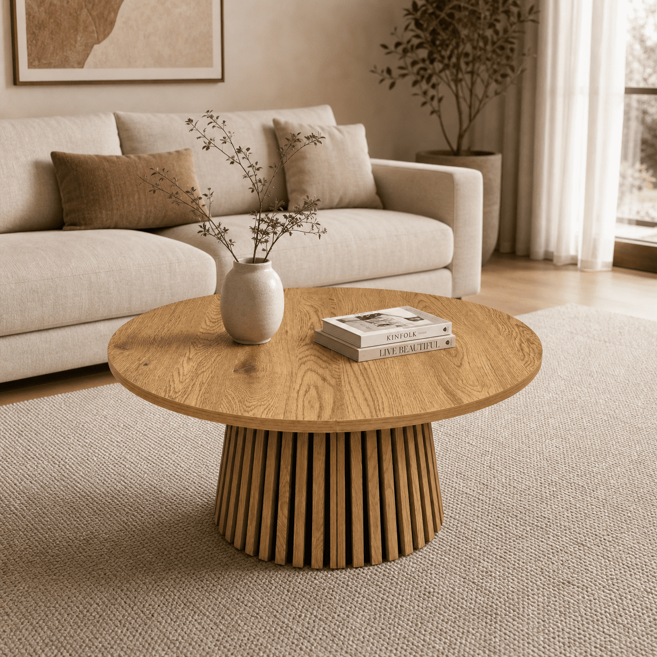 Extendable Round Coffee Table 55 Inch, Wooden Oval Table with Slatted Legs for Living Room Office, Beige and Natural