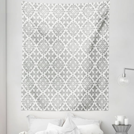 Grey Tapestry, Antique Victorian Floral Retro Patterns in Modern Graphic Print Old Fashioned Art, Fabric Wall Hanging Decor for Bedroom Living Room Dorm, 5 Sizes, Grey White, by Ambesonne