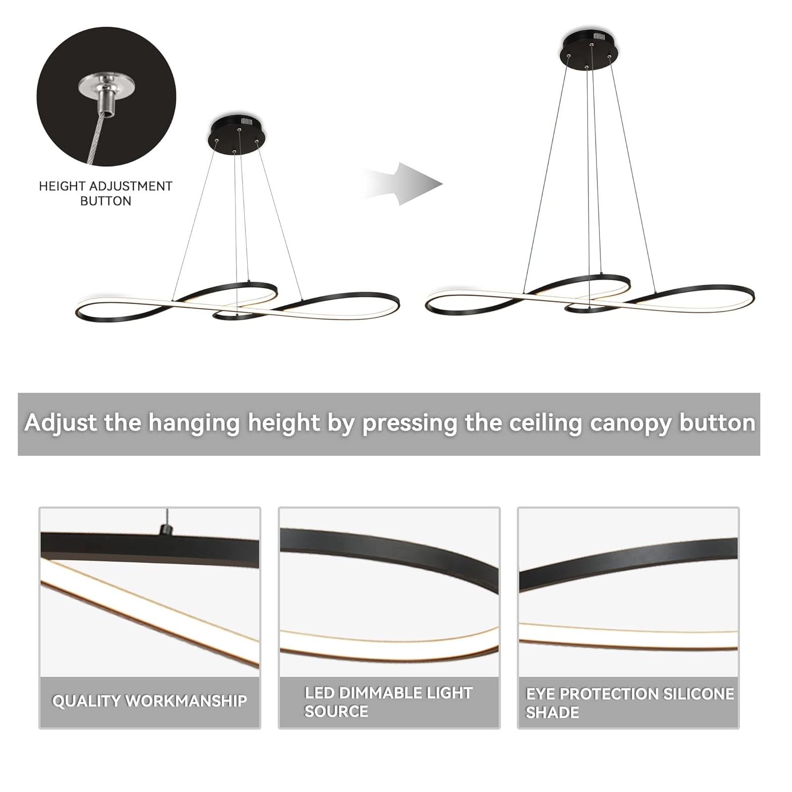 Pendant Light Modern Dimmable Chandelier Musical Note Black Contemporary Wave Hanging Lighting Fixture for Bedroom Kitchen Island Dining Room Living Room
