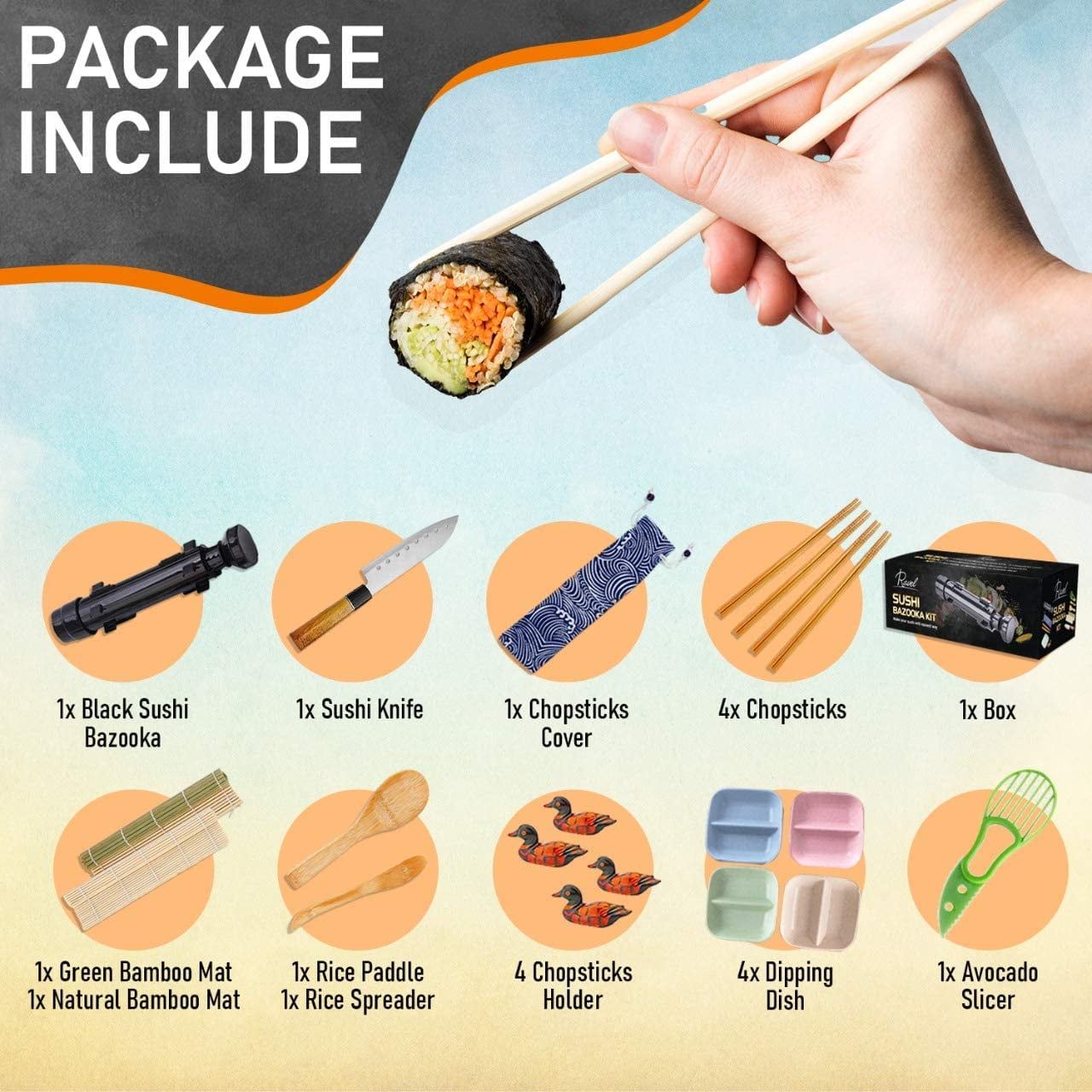 Sushi Making Kit, 2 Bamboo Sushi Mats and 1 Professional Sushi Bazooka Rice  Roller, 2 Pairs of Bamboo Chopsticks, Avocado Slicer Holder Paddle  Spreader, Rolling, Beginner Sushi Kit DIY at Home 